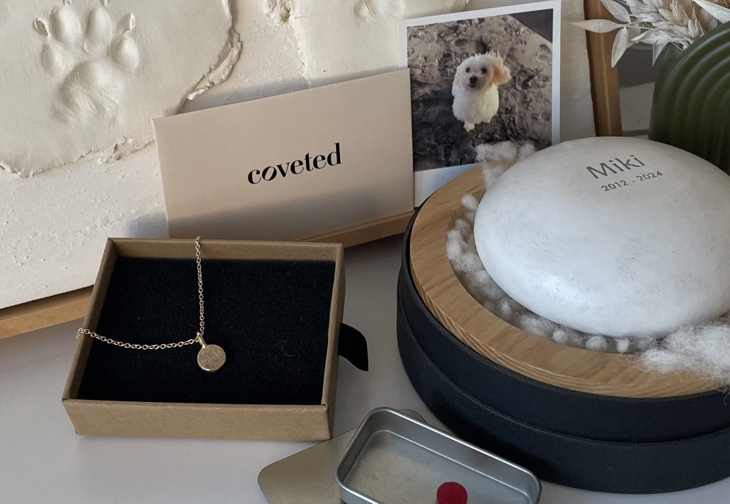 pet dog, paw prints, Gold Coveted impression necklace and reterniti stone